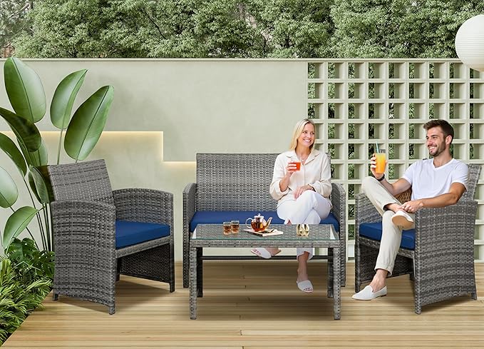 SUNLEI 4 Pcs Patio Ratten Set, Outdoor Furniture Set Wicker Conversation Set with Cushions and Tempered Glass Tabletop Outdoor Patio Furniture Sets (Dark Blue)