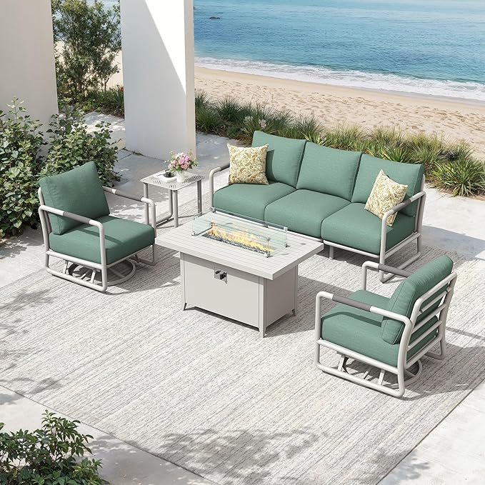 Outdoor Aluminum Patio Furniture Set, 5-Seats Patio Conversation Sofa Set with 2 Swivel Rocking Chairs and Oversized Fire Pit Table w/Glass Wind Guard, All Weather for Balcony, Garden-White
