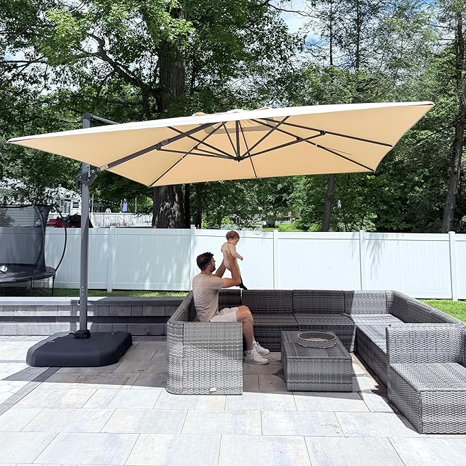 PURPLE LEAF 11.5' X 11.5' Telescopic Patio Umbrella Outdoor Cantilever Umbrella Square Up Down Lifting Offset Umbrella with 360-degree Rotation for Garden Deck Pool Patio Beige