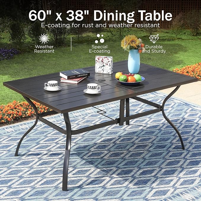 PHI VILLA 7 PCS Outdoor Dining Table and Chairs,Patio Dining Set with 2 Swivel & 4 Stable Outdoor Dining Chairs,Sling Fabric and Durable Frame, Large Patio Table with Umbrella Hole