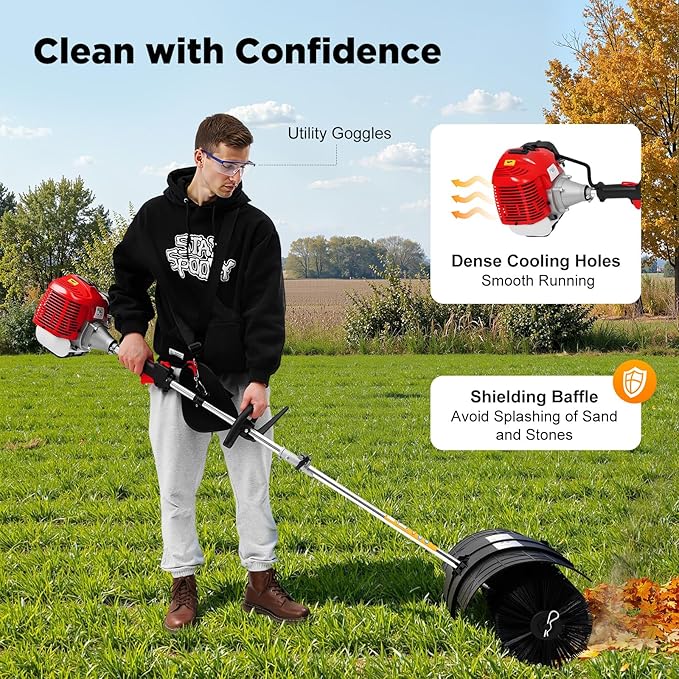 Walk-Behind Lawn Mowers 52cc, 2-Stroke 2.3HP Engine Power Snow Sweeping Broom, 20.47in Wide Turf Lawns Artificial Grass Power Brush Lawn Sweeper Cleaner Tools