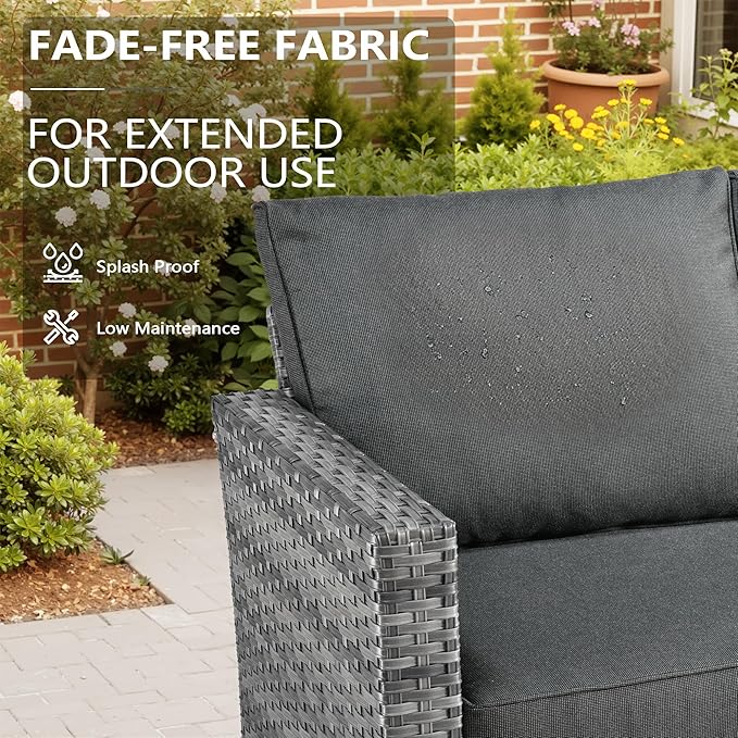 Patio Furniture, All Weather Wicker 6 PCS Outdoor Sofa with High Back Swivel Rocker Chairs, Conversation Set with Solar Light Coffee Table,Light Rattan Black Cushion