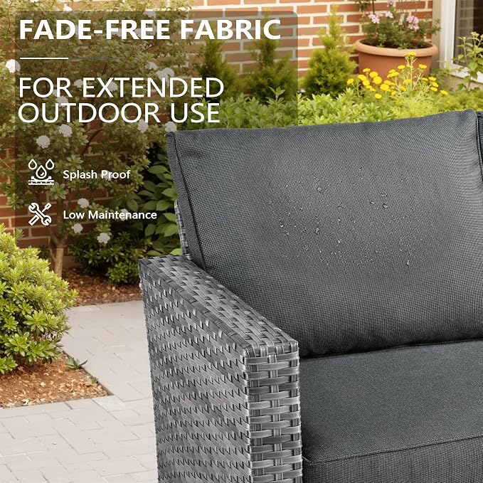 CAODOC 7 Pieces Outdoor Furniture,Patio Furniture with 42" Fire Pit Table,Wicker Conversation Set for Balcony,Deck,Pool and Backyard(Black)