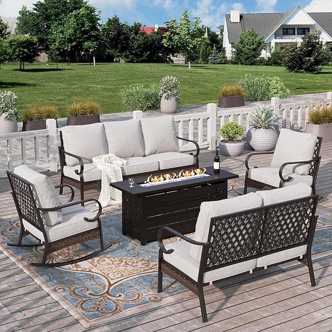HERA'S HOUSE 5 Piece Metal Patio Furniture set with 56" Fire Pit Table, All Weather Outdoor Conversation Set, 3 Seat Sofa with Loveseat, 2 Rocking Chair, Seats 7 for Backyard, Garden, Deck, Light Grey