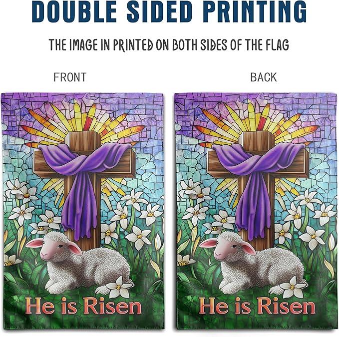 Christian Easter Garden Flags for Outside 28x40 Double Sided He Is Risen House Flag Religious Easter Lamb Decor Stained Glass Cross Flag Lily Spring Outdoor Flag Large