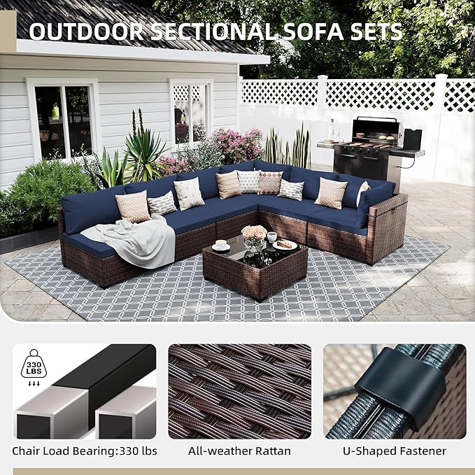 UPHA 9 Pieces Patio Furniture Sets, Wicker Outdoor Sectional Sofa Couch with Rectangle Propane Pit for Deck Backyard Garden, Brown Rattan, Navy Blue Cushion