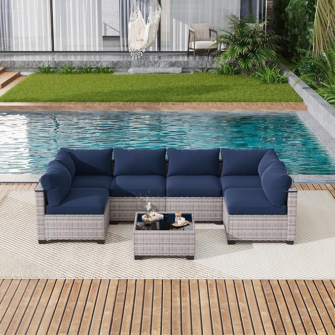 LOUVIXA 7 Piece Outdoor Patio Furniture Set, Outdoor Sectional Sofa, Wicker Rattan Patio Furniture, Patio Conversation Set with Coffee Table & Cushions