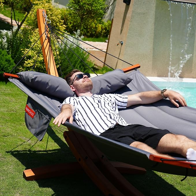 Lazy Daze Hammocks 12FT Quilted Double Hammock with V-Spreader Bar, 2 Person Portable Hammock with Nylon Rope, Side Pocket and Pillow, 450lbs Capacity, Includes Carry Bag for Outside, Grey