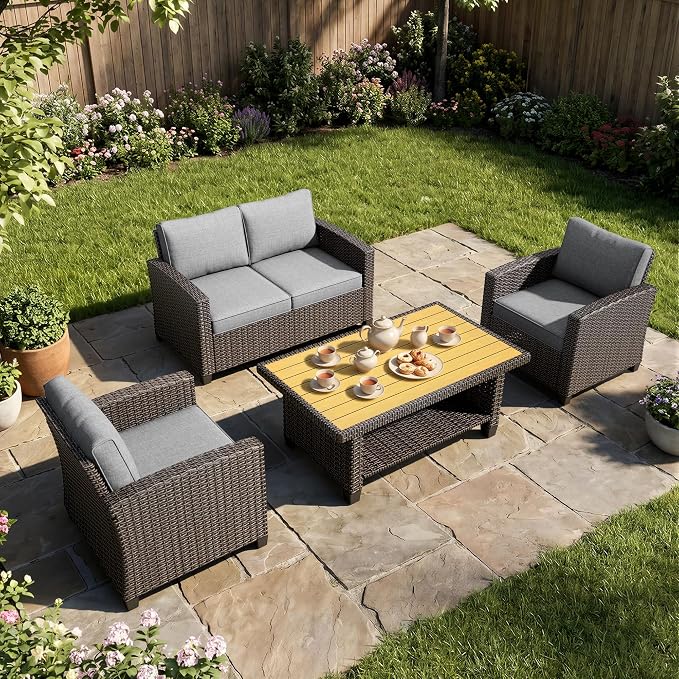 WWR Furniture Set-30% Thicker Wicker-Luxury 4 Piece PatioWicker Outdoor Patio Conversation Set with Extra Wide & Thick Cushions, Armchair Loveseat & 3-Seat Sofa for Backyard, Porch & Deck