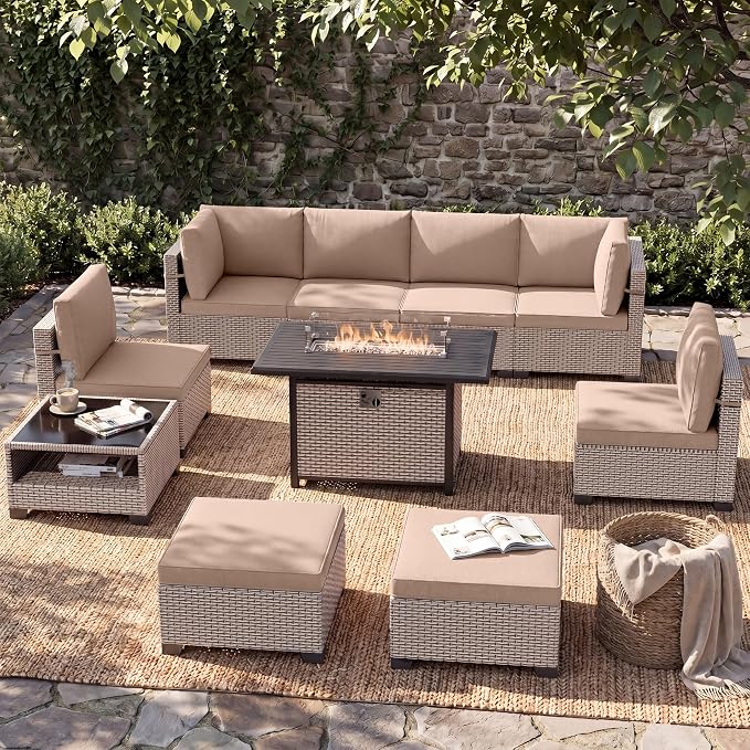 Patio Furniture Set, 10-Piece Outdoor Sectional Sofa with 60,000 BTU Fire Pit Table & Ottomans, Wicker Patio Conversation Set with Coffee Table, Khaki Cushions