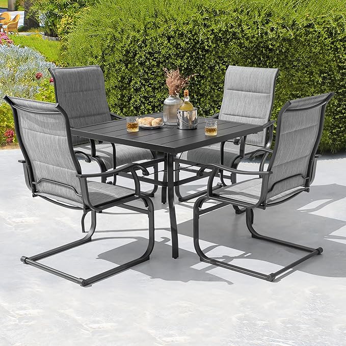 NUU GARDEN 5 Piece Patio Dining Set, Outdoor Metal Dining Table and Chairs with Umbrella Hole, All Weather Padded Textilene Chairs, Square Patio Table Set for Backyard, Deck, Garden, Light Grey