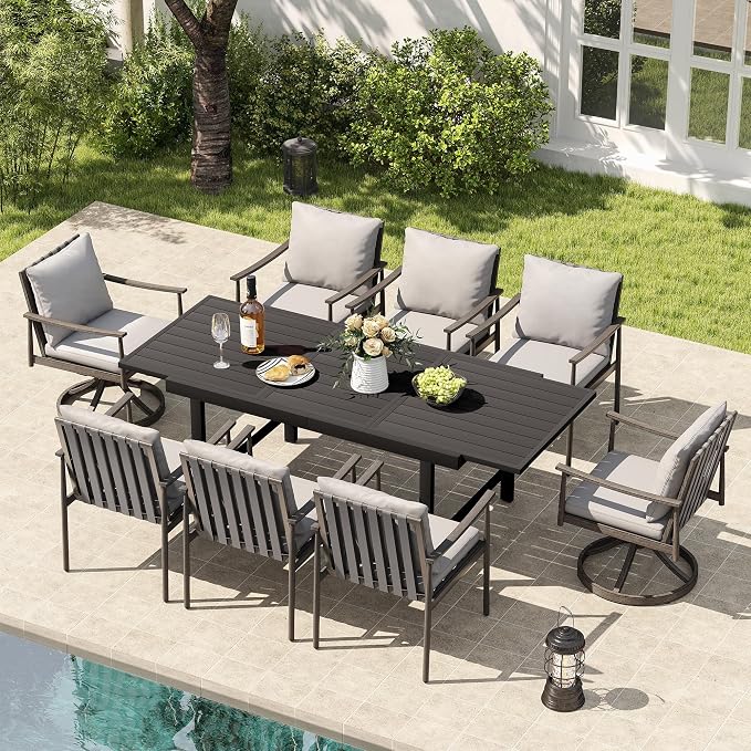 HAPPATIO 9-Piece Aluminum Patio Dining Set,Aluminum Outdoor Dining Set,6 Dining Chairs and 2 Swivel Chairs with Expandable Table with Umbrella Hole for Lawn, Garden, Backyard