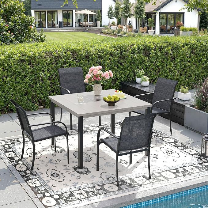 DIFY 5 Pieces Outdoor Patio Dining Set for 4, 40.2" Grey Wood-Like Square Metal Dining Table and 4 Grey Stackable Textilene Patio Chairs, Outdoor Table and Chairs for Backyard Garden Poolside
