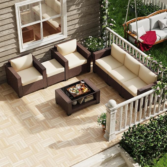 KIGOTY Patio Furniture Set 7 PCS Patio Conversation Sets, All-Weather PE Rattan Outdoor Sectional Sofa with Cushion and 2- Tier Glass Coffee Table（Brown/Beige）