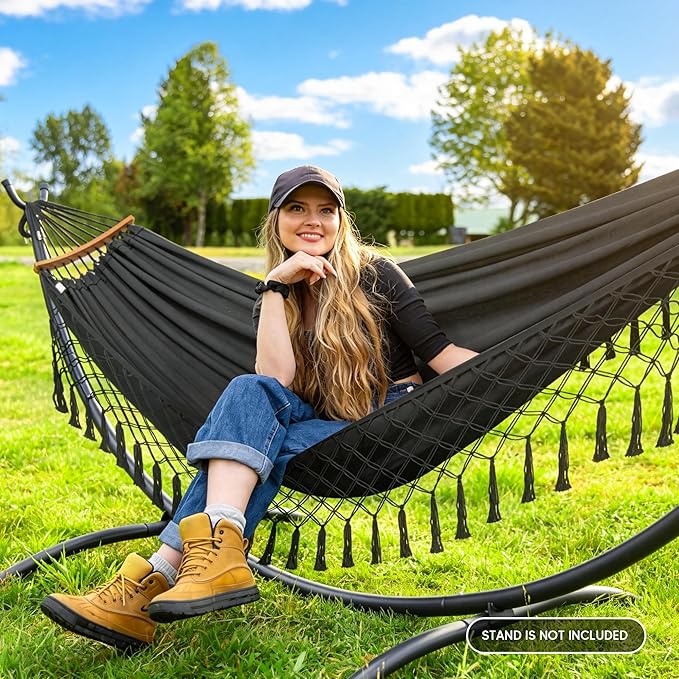 SUNCREAT Hammocks Portable Tree Hammock Swing with Spreader Bar, Tassel, 2 Person Hammock Without Stand, Dark Gray