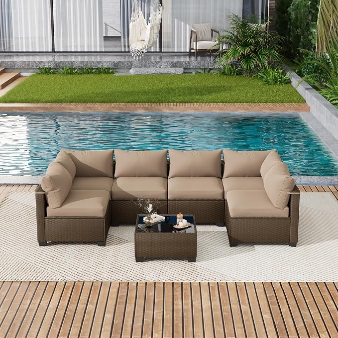 LOUVIXA 7 Piece Outdoor Patio Furniture Set, Outdoor Sectional Sofa, Wicker Rattan Patio Furniture, Patio Conversation Set with Coffee Table & Cushions