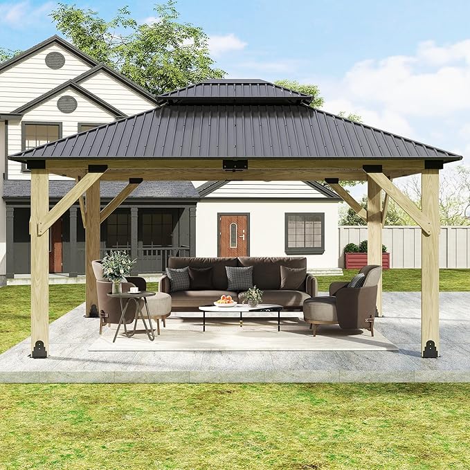 13x15 FT Wood Gazebo,Outdoor Wooden Hardtop Gazebo with Galvanized Steel Doule Roof,Cedar Wood Frame Gazebos Patio Backyard