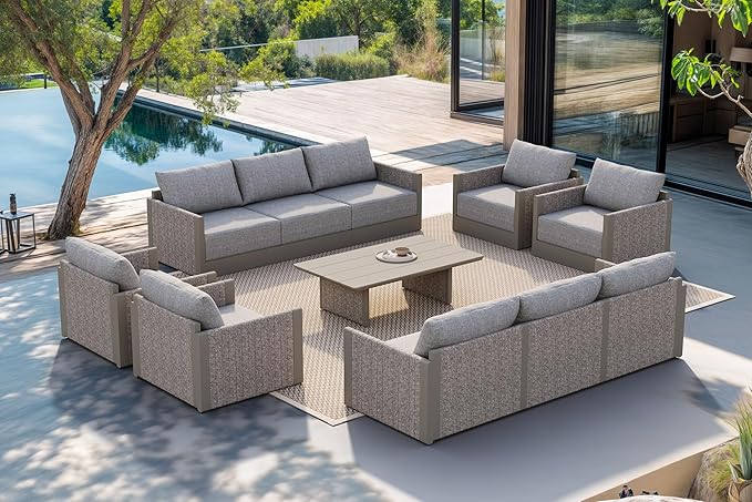PURPLE LEAF 11 Pieces Patio Conversation Sets with Aluminum Table All Weather Outdoor Sectional Set with Cushion Patio Conversation Set for Garden Poolside Backyard Beige