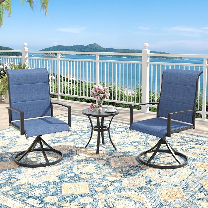 Outdoor Dining Set for 2, 18.5" Metal Round Outdoor Side Table and Padded Textilene Patio Swivel Chairs, 3 Pieces Patio Side Table and Chairs Set for Garden Backyard, Dark Blue and Black