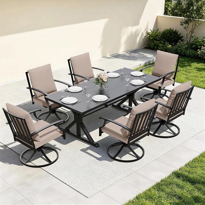 7 Pieces Outdoor Patio Dining Set,Patio Table and Chairs Metal Outdoor Patio Furniture Set with Umbrella Hole,Dining Table Set with 6 Swivel Chairs for Deck,Backyard and Garden,Brown
