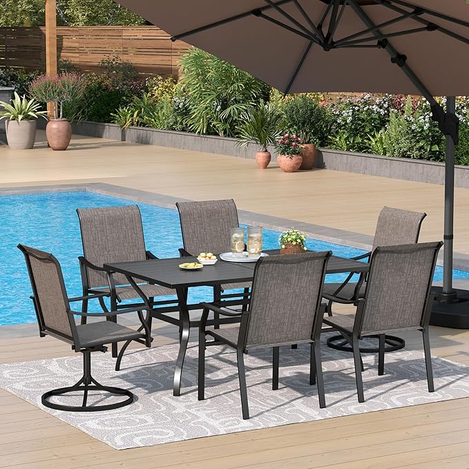 PHI VILLA 7 PCS Outdoor Dining Table and Chairs,Patio Dining Set with 2 Swivel & 4 Stable Outdoor Dining Chairs,Sling Fabric and Durable Frame, Large Patio Table with Umbrella Hole