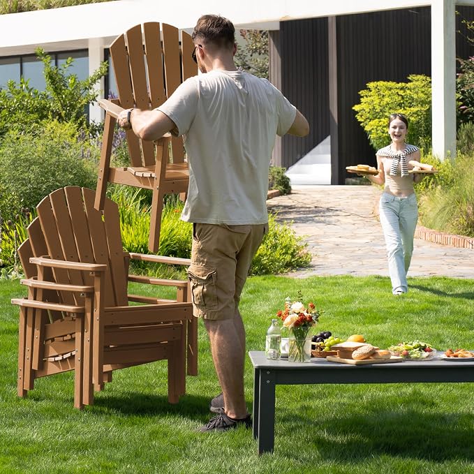 nevilywood Compact Stackable Adirondack Chairs Set of 4,HDPE,380lbs,Teak | 26.3" Wide HDPE.All-Weather Outdoor.Maintenance-Free.Stackable for Storage.25°Curved Straight Backrest.Quick Assembly