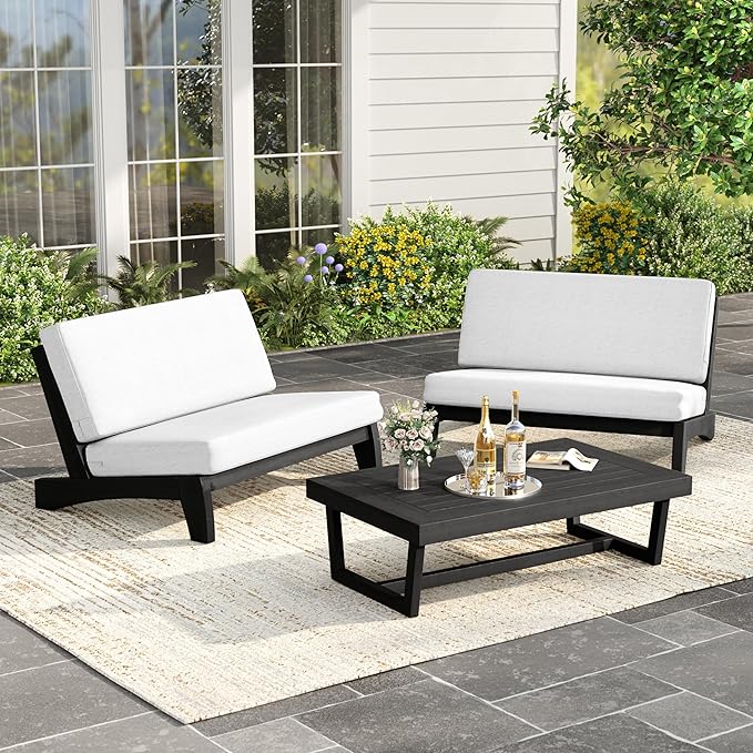 UIXE Black Wood Patio Furniture Sets, 3 Pieces All Weather Patio Loveseat Sofa Outdoor Sectional Futniture Backyard Conversation Set with Solid Wooden Coffee Table - Beige