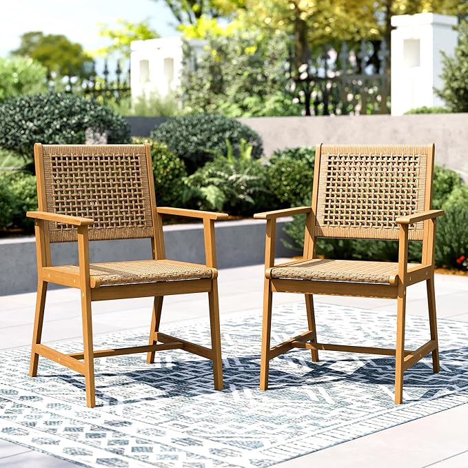 PHI VILLA Outdoor Acacia Wood Chairs Set of 2, Patio Dining Armchairs with Wicker Back & Seat, Farmhouse Style Teak Seating Furniture for Deck Yard Balcony Garden - Bright Brown