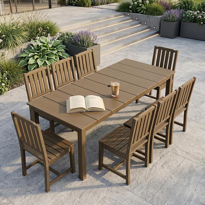 PLUUV Outdoor Dining Set for 8 Person, HDPE Large Table with Aluminum Legs and 8 Armless Chairs, All-Weather Patio Dining Furniture Set with Umbrella Hole for Backyard, Garden, Brown