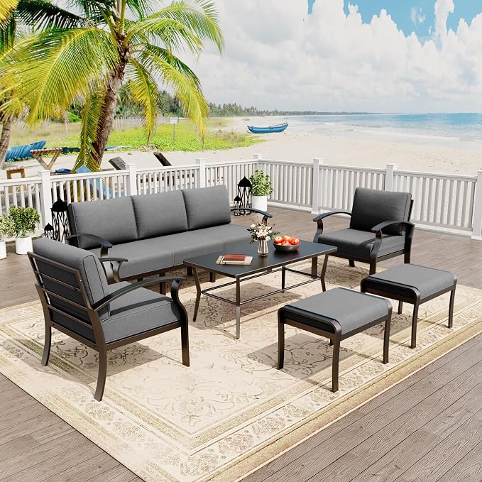 Kurapika Aluminum Patio Furniture Set 5-Seat Modern Outdoor Conversation Sets w/2 Ottomans with Rectangular Coffee Table, Grey