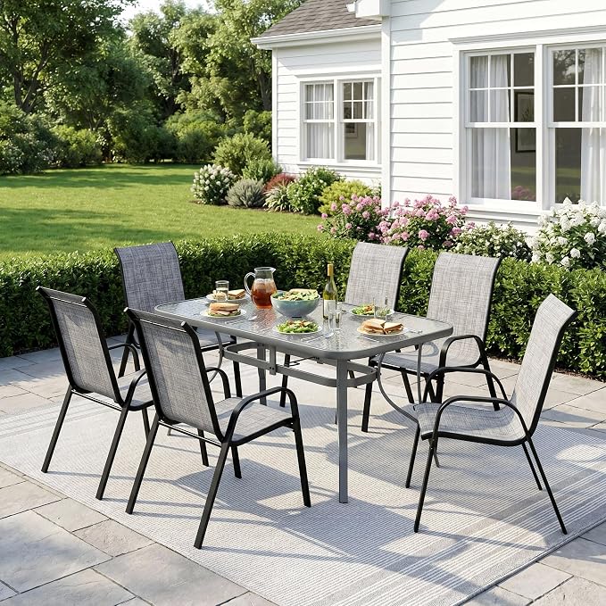 Arlopu 7-Piece Outdoor Table and Chairs for 6, Outdoor Dining Set W/Rectangle Glass Table and Patio Textilene Stackable Chairs, Patio Furniture Set W/Umbrella Hole (Grey Table & Grey Chair)
