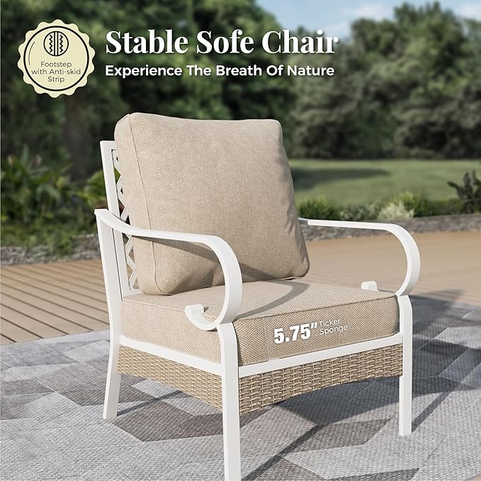 4 Piece Metal Patio Furniture Set, 5-Seat All Weather Outdoor Conversation Set with 3-Seat Sofa & 2 Fixed Chairs & 47'' Coffee Table, Outdoor Furniture Set for Backyard, Deck, Garden, White/Light Grey