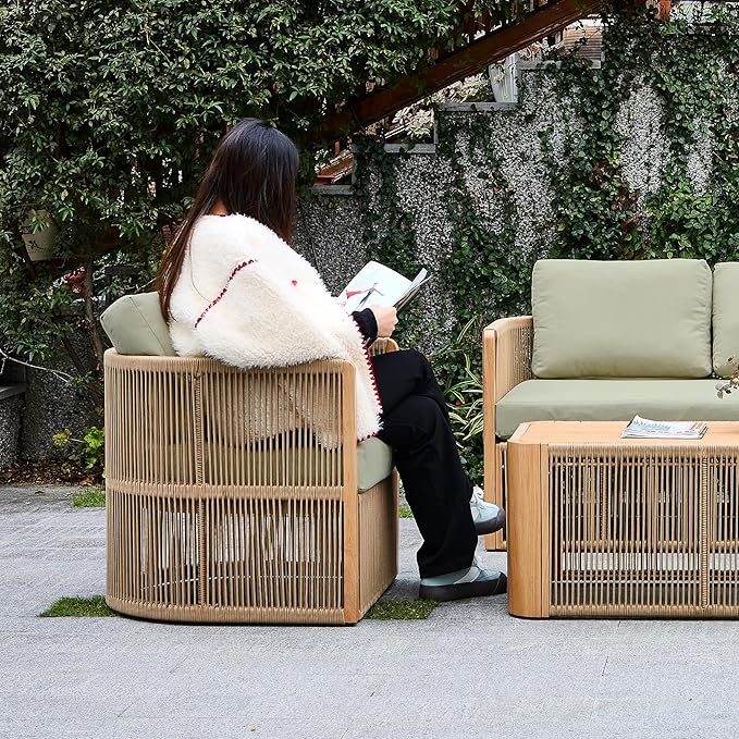 Aluminum Outdoor Dining Chairs, Olefin Rattan Patio Dining Chairs Set of 2, Modern Accent Chair with Highback, All Weather Rust Resist Armchair, Outdoor Patio Sofa Couch for Yard/Garden, Green