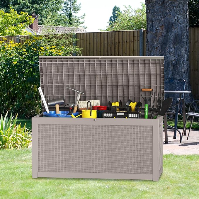 Outdoor Storage Box 320GAL Waterproof Resin Deck Box,UV-Resistant Lockable Delivery Bin for Garden Tools,Large Patio Outside Cushions,Pool Accessories Supplies,Chest,Furniture,Package,Grey