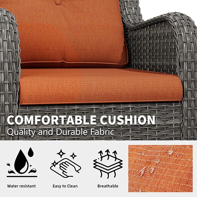 6 Pcs Patio Furniture Set with Fire Table-31'' Fire Pit Table, 1 Side Table, 4 Outdoor Rattan Wicker Conversation Chairs (2 Fixed & 2 Swivel) （Orange）