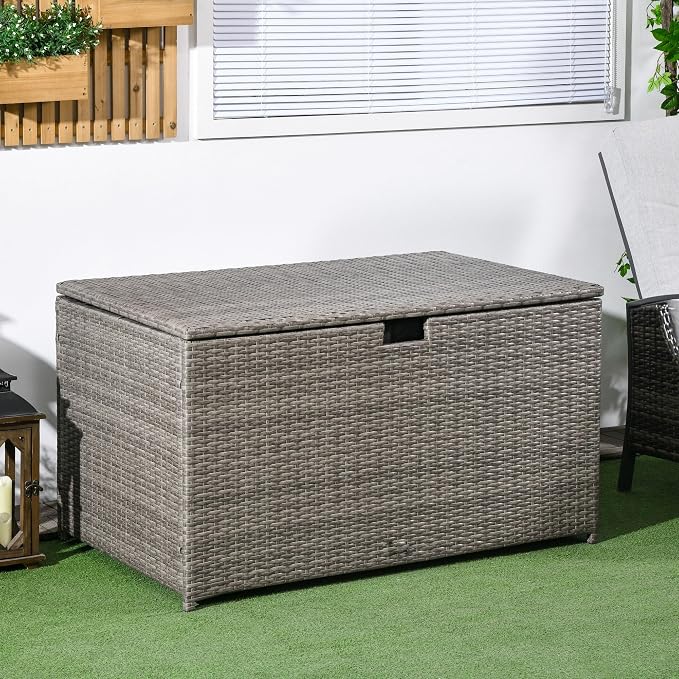 113 Gallon Deck Box, Rattan Outdoor Storage Box, Waterproof Storage Container for Indoor, Patio Furniture Cushions, Pool Toys, Tools, Gray