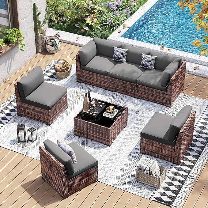 UDPATIO Patio Furniture Set, Modular Outdoor Sectional with 105°Slanted Back, 7 Pieces Rattan Conversation Set for Poolside, Backyard, Deck, with Coffee Table, Waterproof Cover,Grey
