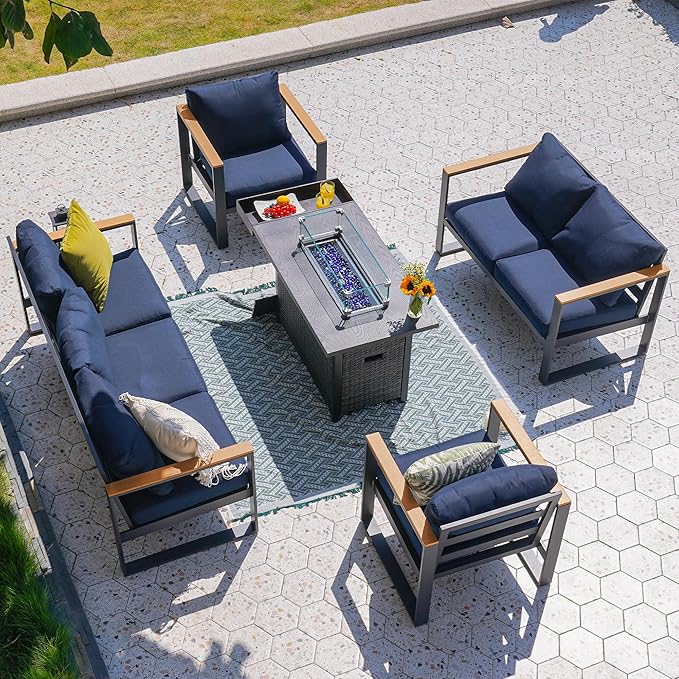 Sundale Outdoor Aluminum Patio Furniture Set, 5 Piece Outdoor Conversation Sets with Fire Pit and Washable Thick Cushions, All Weather Outdoor Sectional Set for Deck, Lawn, Yard (Navy Blue)