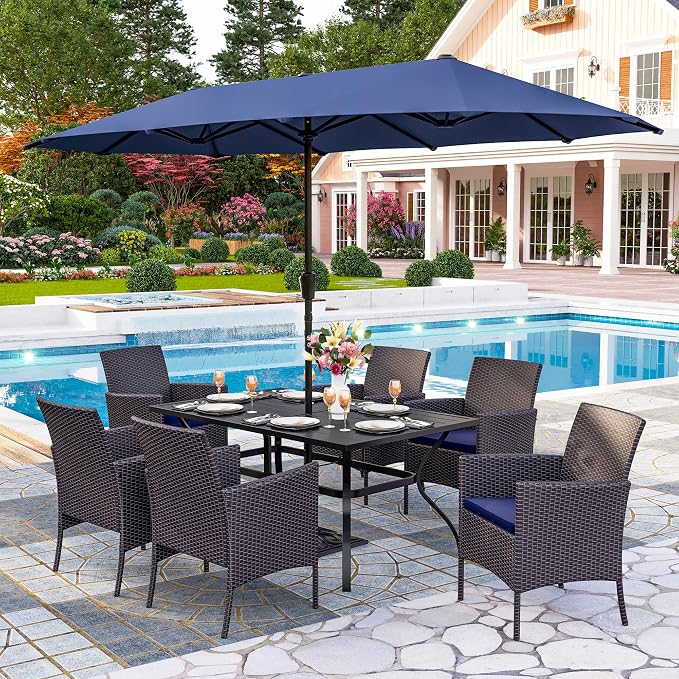 PHI VILLA 7pc Patio Dining Set w/Umbrella, Rectangular Table, Rattan Chairs | Outdoor Dining Set for 6, 60” Metal Table & 6 Cushioned Rattan Chairs with Blue Umbrella for Outdoor, Deck, Yard, Porch