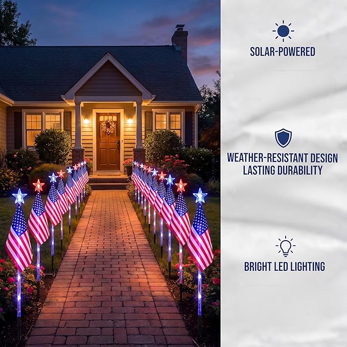 CALLARON Solar Decorative Lights LED Outdoor Solar Lights America Flag Decorative Flags Patriotic Garden Flag Solar Landscaping Spotlights Solar Garden Lights Outdoor LED Flagpole Lights