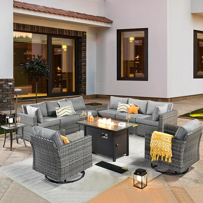 ovios 11 Piece Outdoor Patio Furniture Set with Fire Pit Table,Conversation Sectional Wicker Couch with Swivel Chairs,Modern Outside Sofa for Balcony Backyard, Dark Grey