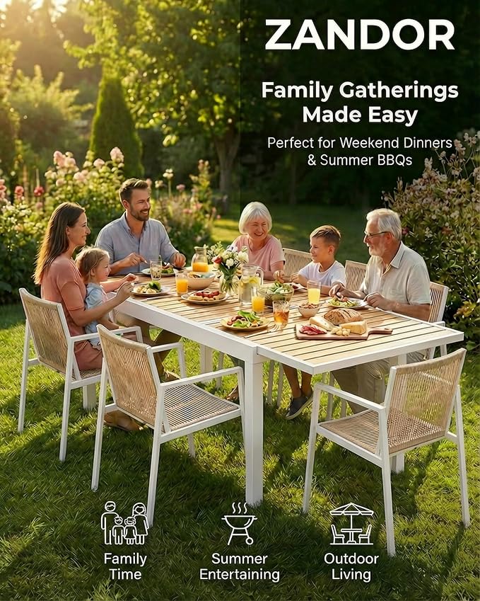 ZANDOR Expandable Outdoor Dining Set for 4-6-8,Patio Table and Chairs Set with Wood Top for Garden,Backyard,Porch,55"-82.7" Extendable Aluminum Outdoor Table Set with 6 Chairs,White