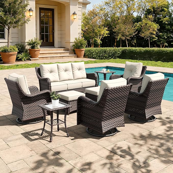 9 Pieces Outdoor Furniture Set with 6-inch Cushions, High Back Wicker Swivel Rocker Chairs with Coffee Table, Luxury Conversation Set for Deck Patio and Poolside