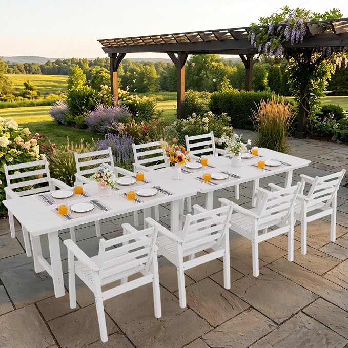 10-Piece Outdoor Dining Set, All-Weather HDPE Patio Furniture, Two 66.5" Slatted Table with 1.6" Umbrella Hole & 8 Ergonomic Armchairs, Heavy Duty 350lbs Capacity, UV Resistant, White