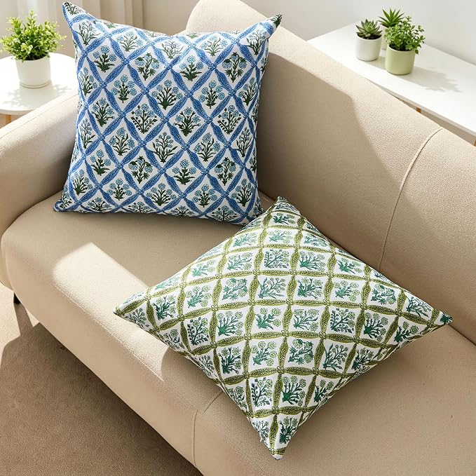 Allorry Floral Outdoor Pillow Covers 18x18 Green Outdoor Waterproof Decor | Set of 2 Vintage Floral Block Print Pillow Cover,Farmhouse Boho Decorative for Spring Summer Outdoor Sofa Bedroom Decor