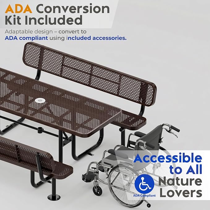 Commercial Heavy-Duty Metal Picnic Table with Backrest - ADA Compliant, Adjustable Seats, Umbrella Hole, Expanded Metal (Brown, 6' Rectangular with Back)