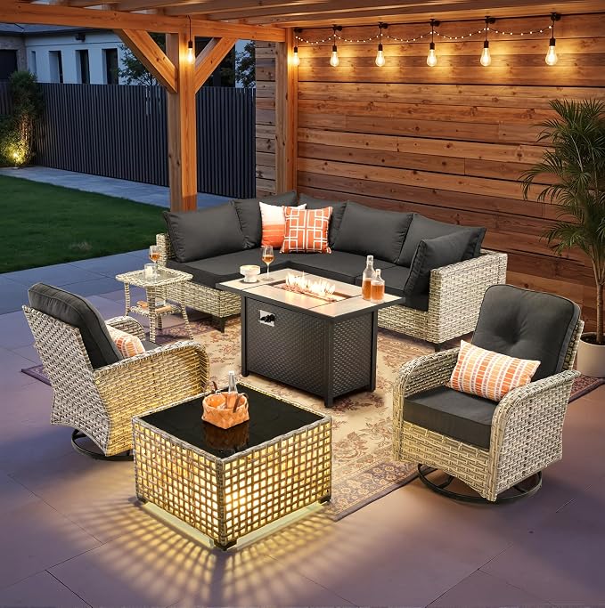 9 Pieces Patio Sectional Furniture Set, Outdoor Wicker Sectional Couch with Firepit Swivel Rocker Chairs Solar Lights Table, Modern Conversation Set for Porch Balcony Backyard, Black
