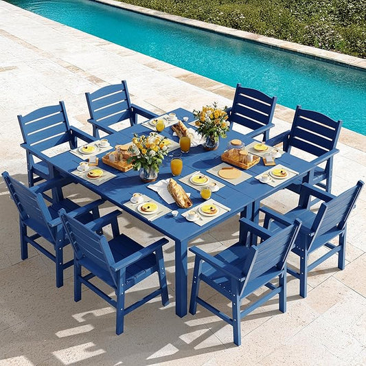 YEFU HIPS Patio Dining Sets: 10-Piece All-Weather Outdoor Table and Chairs with Umbrella Hole & Metal Aluminum Frame - Modern Outside Furniture Patio Dining Set for 8 for Family Meals in Deck Blue