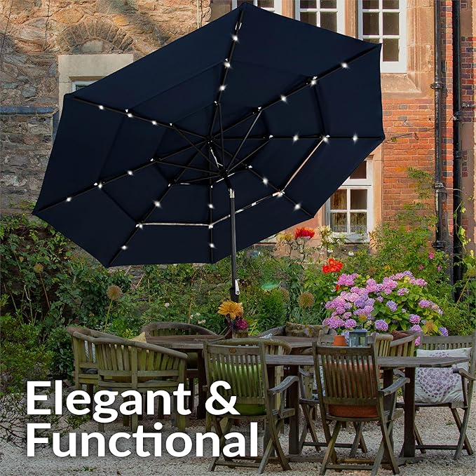 Sunnydaze Outdoor Umbrella for Patio - Vented 3-Tier Outdoor Patio Umbrella - Wind-Resistant, Tilt and Crank - For Pool, Garden, or Yard
