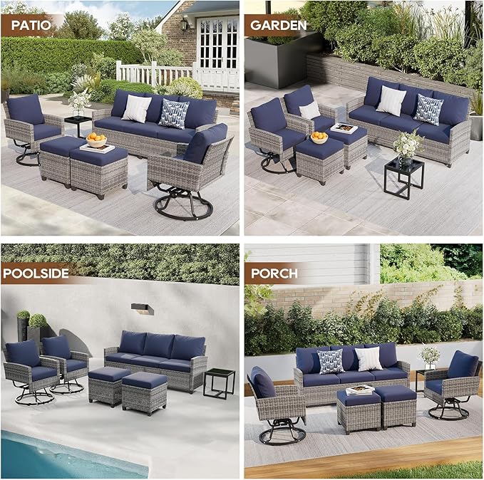 6 Piece Outdoor Furniture Set, Rattan Patio Furniture with 2 Swivel Chairs, 3-Seat Sofa, 2 Ottoman & Side Table, All-Weather Conversation Set for Porch Garden Lawn Balcony (Gray & Blue)